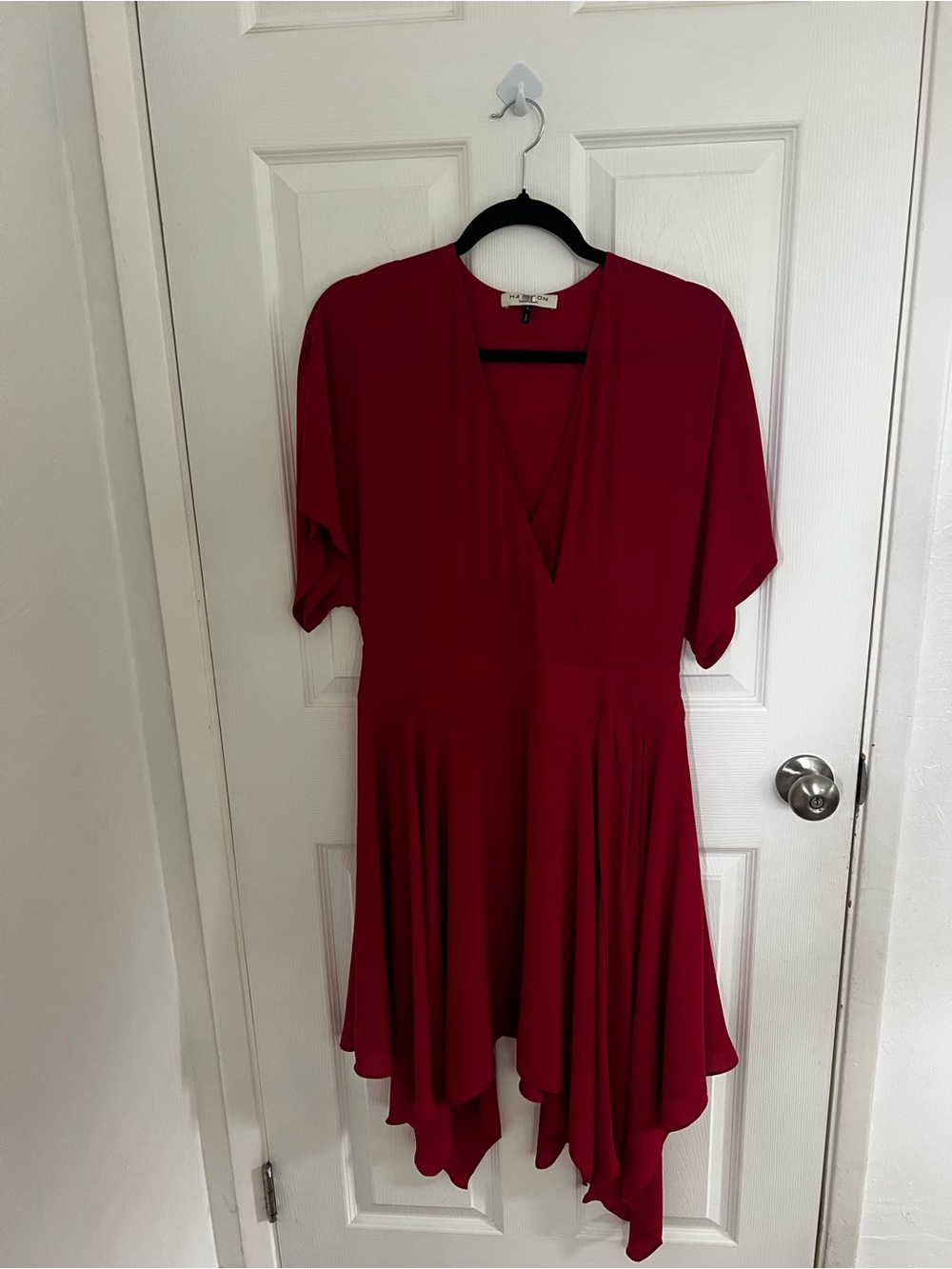 Halston Heritage Burgundy V-Neck Handkerchief Hem Midi Dress